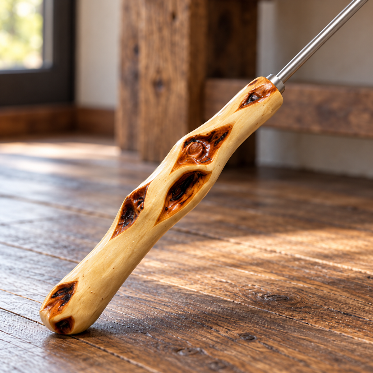 Close-up of the handcrafted Diamond Willow handle and steel connection on a long roasting fork