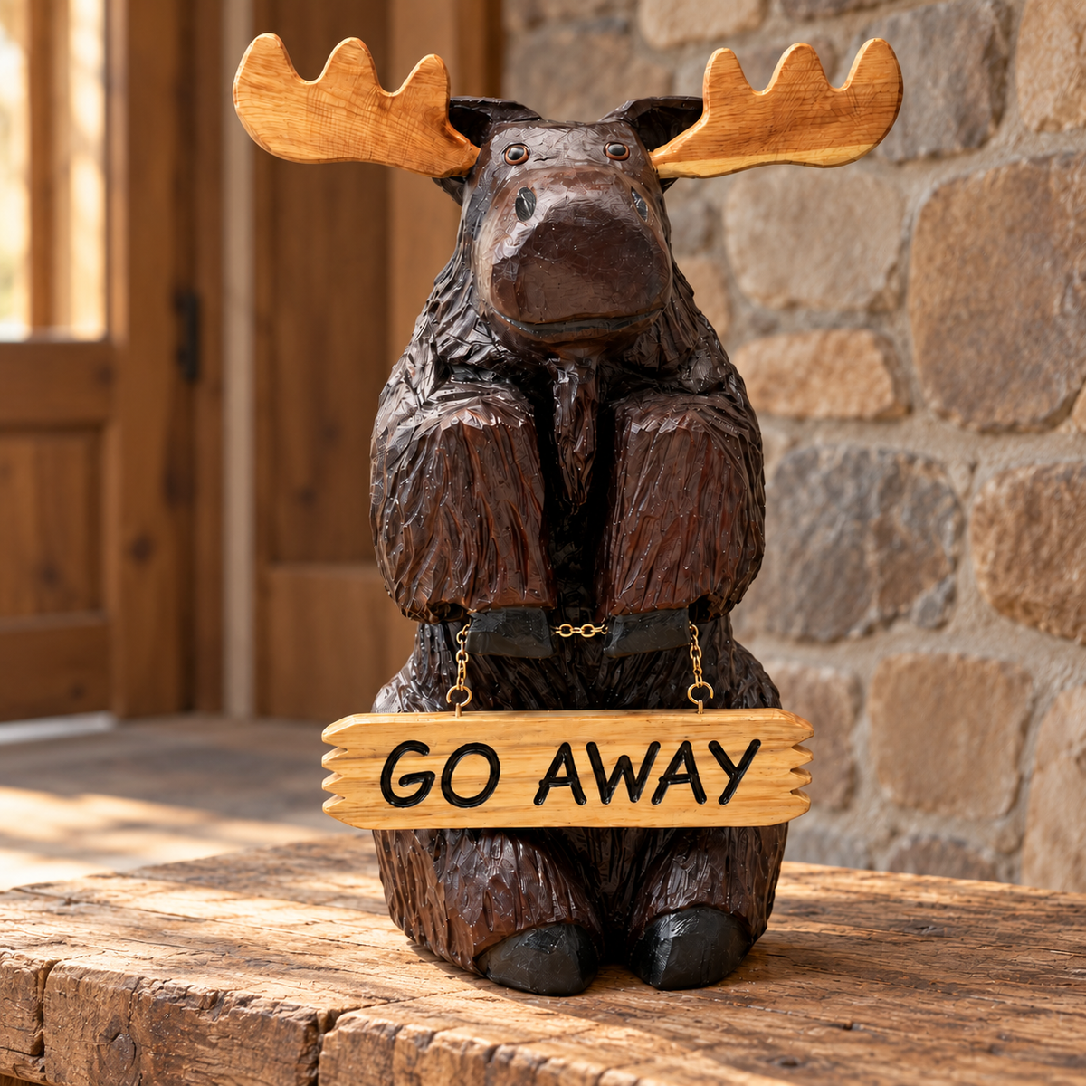 Hand-carved wooden moose holding a GO AWAY sign beside a rustic stone lodge wall.