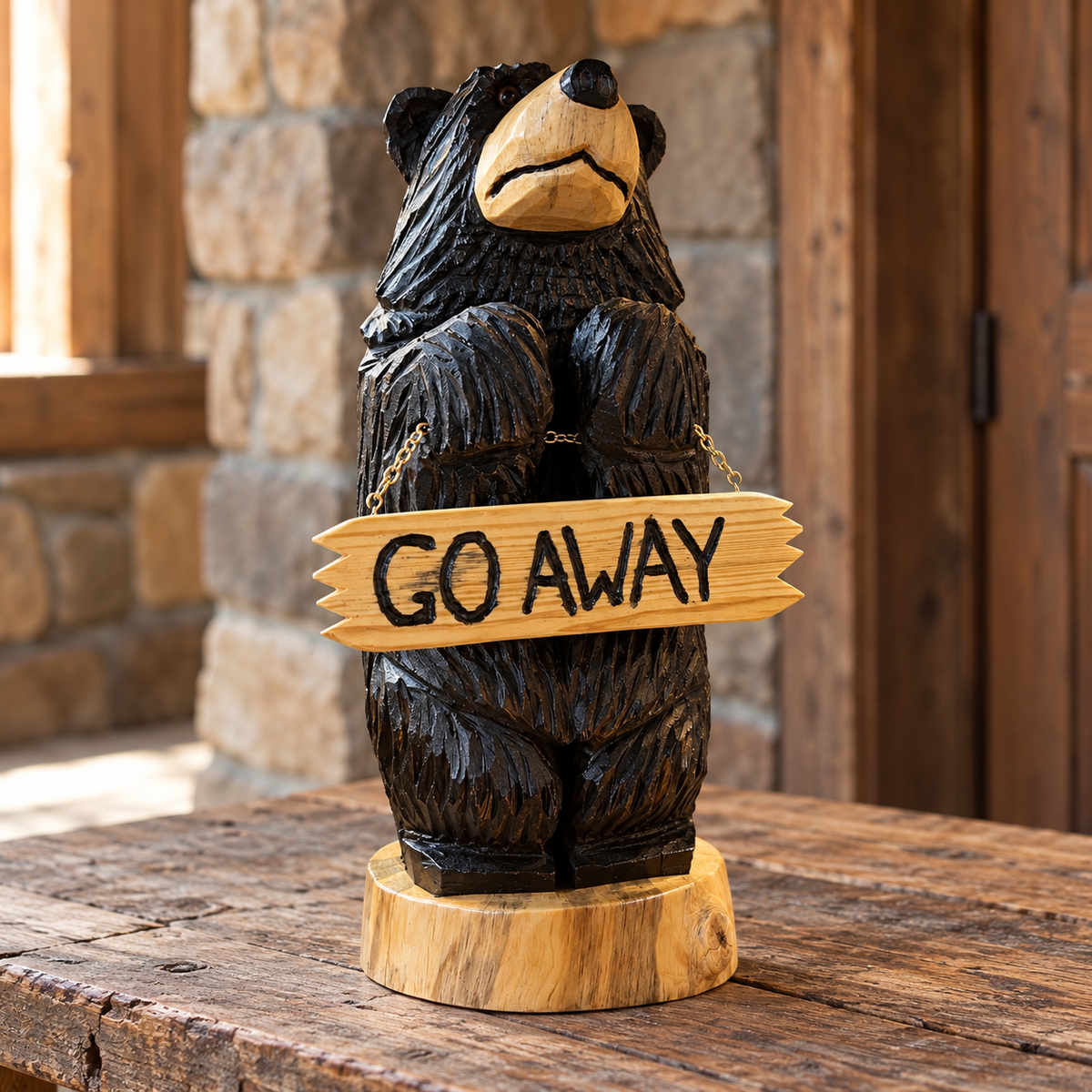 Tall hand-carved black bear holding a GO AWAY sign near a rustic stone lodge entry.
