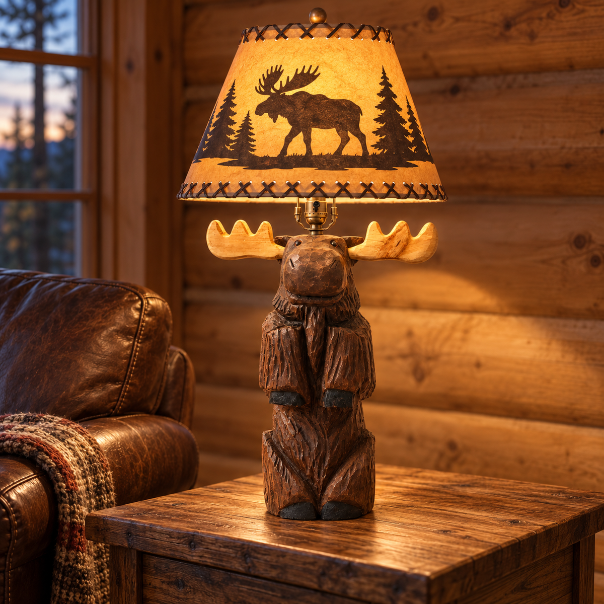 Hand-carved wooden moose table lamp displayed in a rustic log cabin
