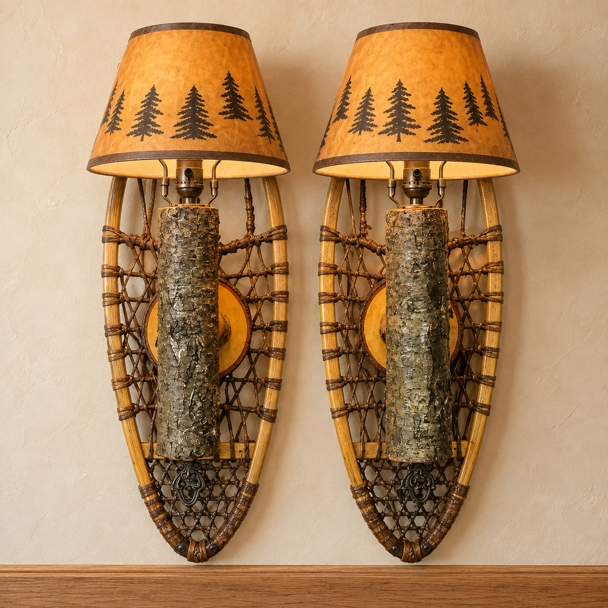 Traditional snowshoes converted into rustic wall sconces