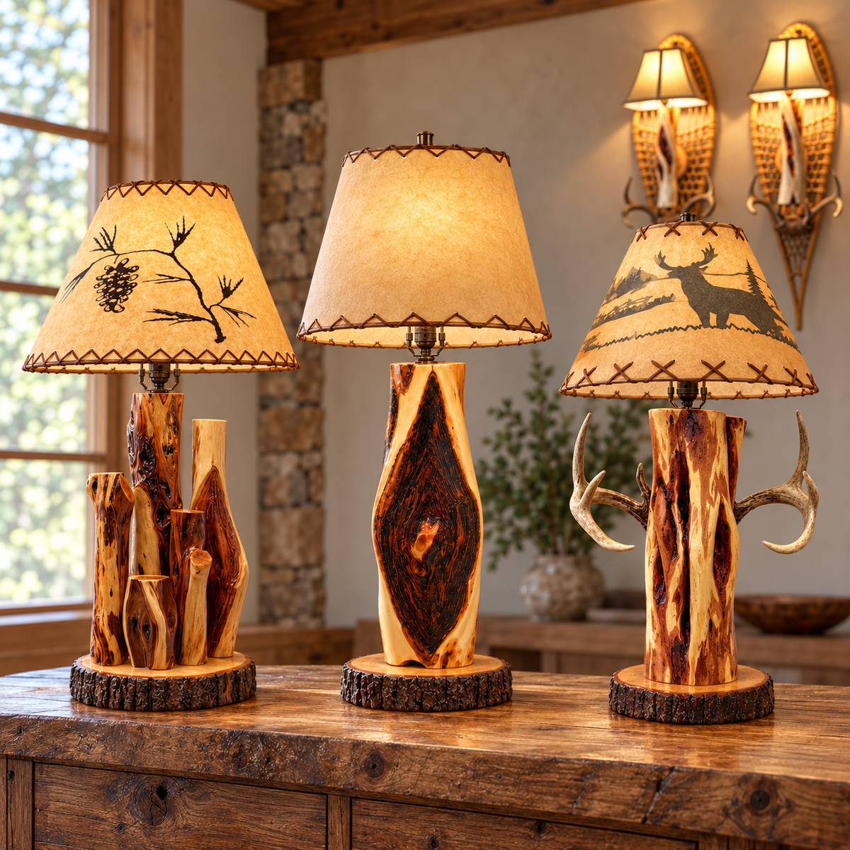 Handmade Diamond Willow table lamps and snowshoe wall sconces displayed in a warm rustic lodge interior