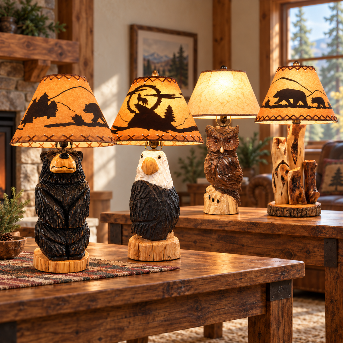 Hand-carved bear, eagle and owl table lamps displayed with a natural wood branch lamp in a warm rustic lodge