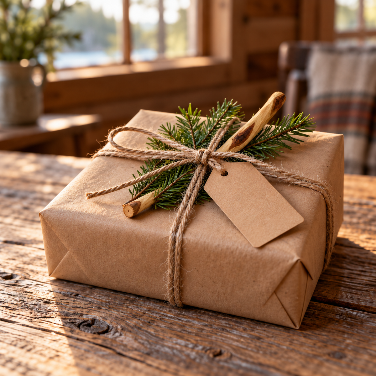 Kraft-wrapped rustic gift accented with natural Diamond Willow, evergreen sprigs, and jute twine on a wood table.