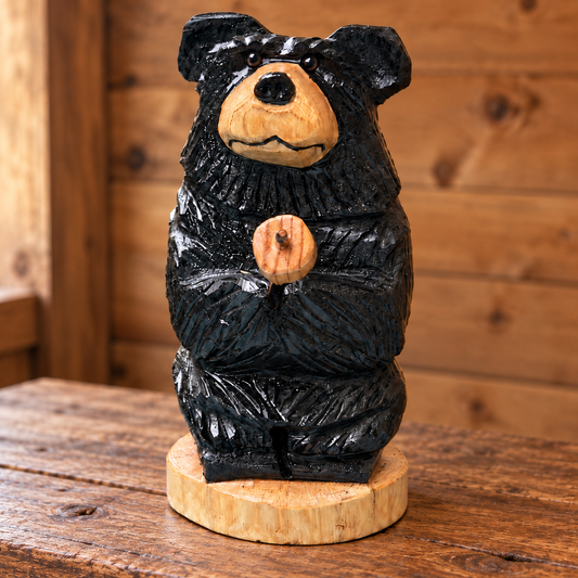 Handmade black wooden bear carving for rustic cabin décor
