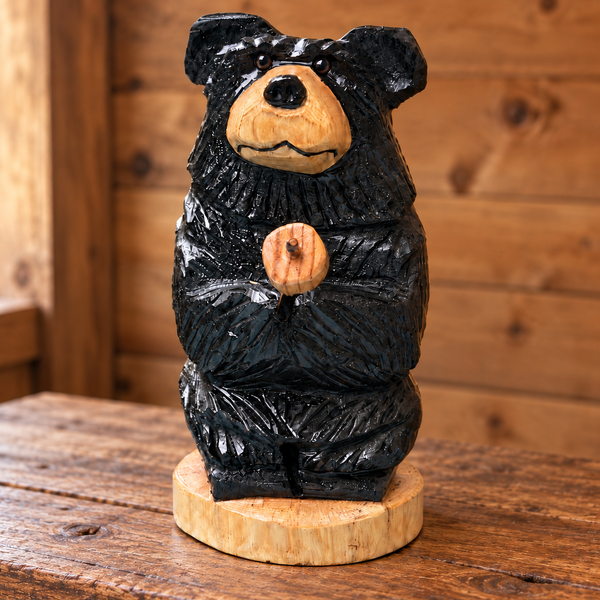 Handmade black wooden bear carving for rustic cabin décor