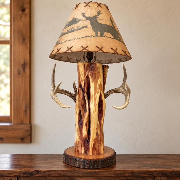 Handmade Diamond Willow and antler lamp with rustic shade