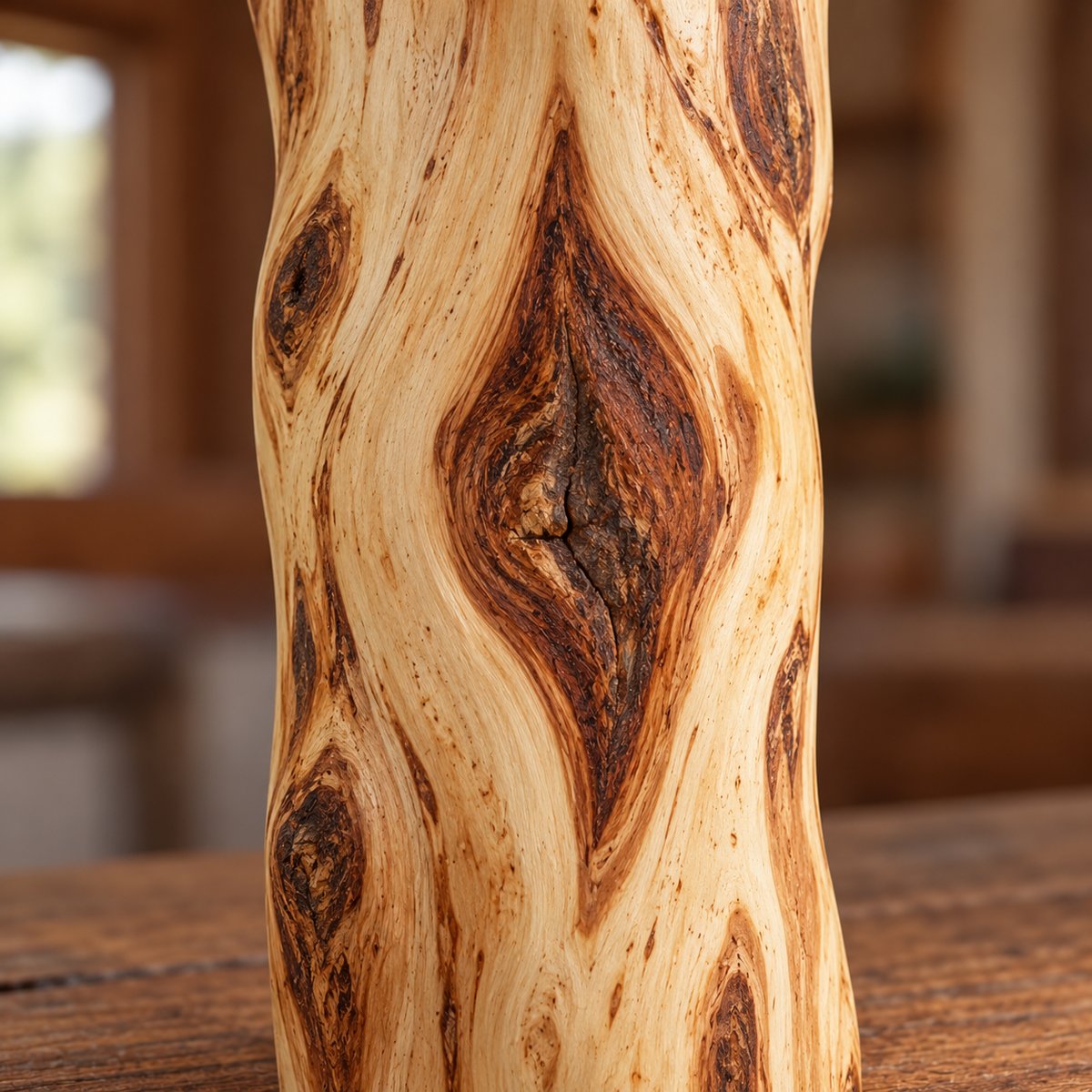 Close-up of a large natural Diamond Willow trunk showing distinctive diamond-shaped scars, winding grain, and a matte hand-finished surface.