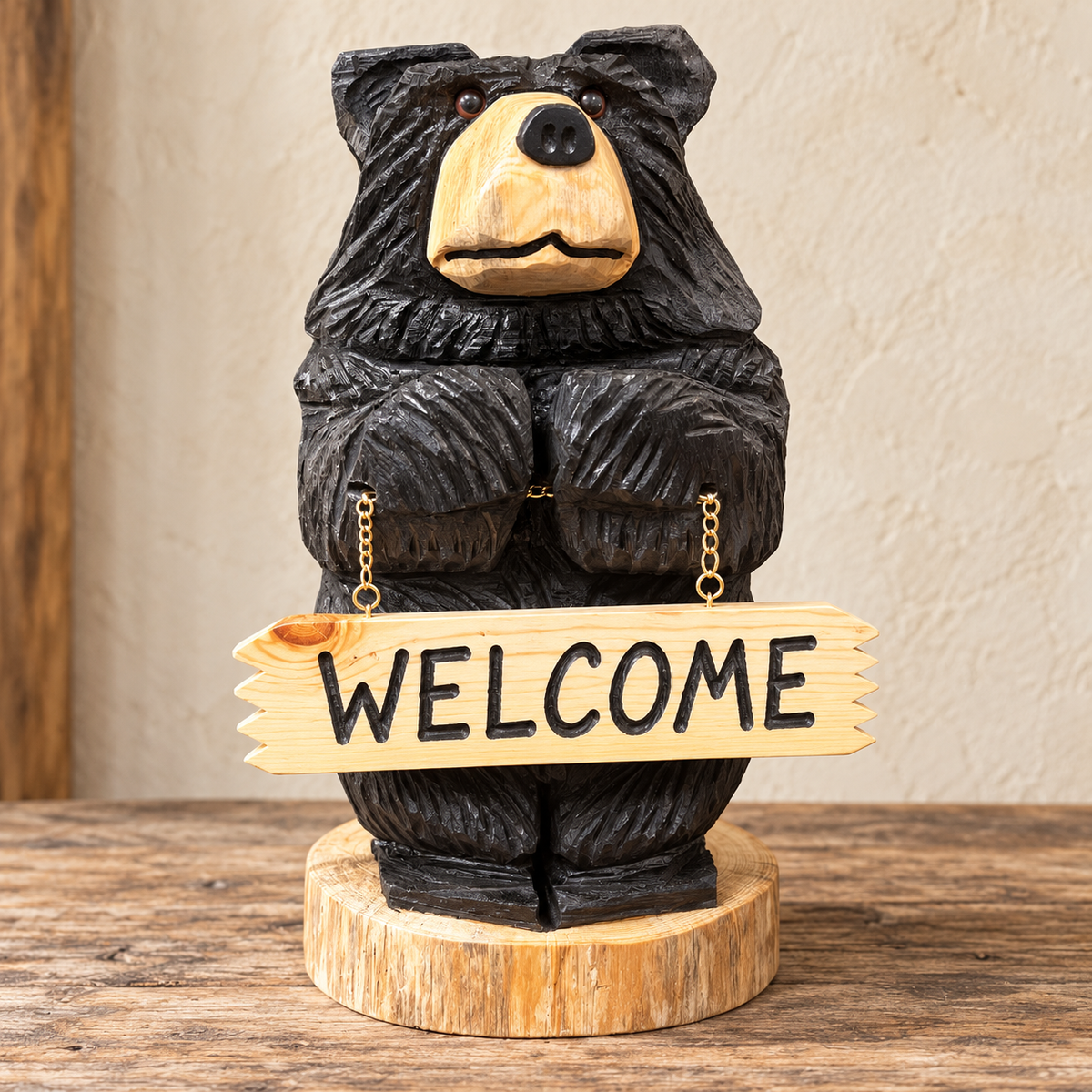 Chainsaw-Carved Welcome Bear– Rustic Wooden Decor