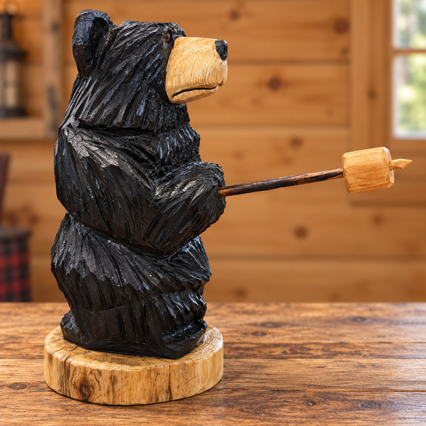 Side view of a chainsaw-carved Marshmallow Bear