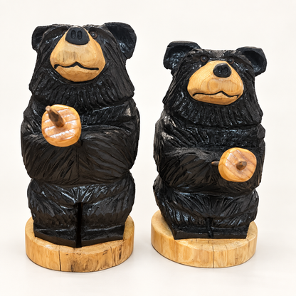 Two Rustic pine bears sculpture with marshmallow stick