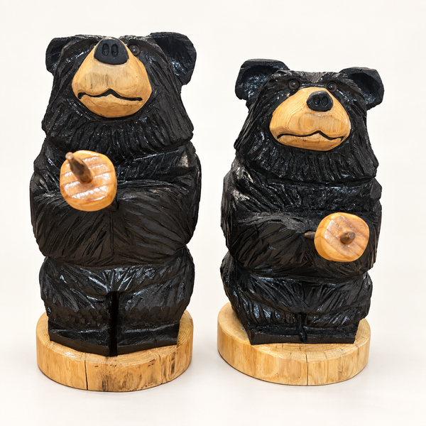 Two Rustic pine bears sculpture with marshmallow stick