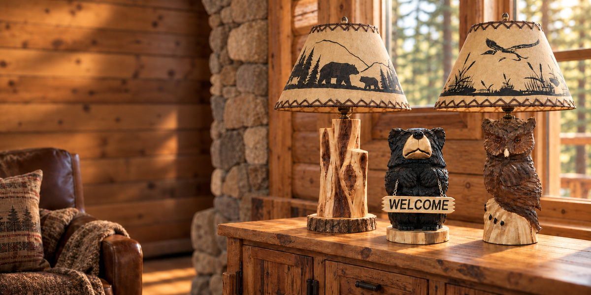 Diamond Willow and handcrafted owl lamps with matte oil-kraft shades beside a carved welcome bear in a warm, sunlit rustic cabin.