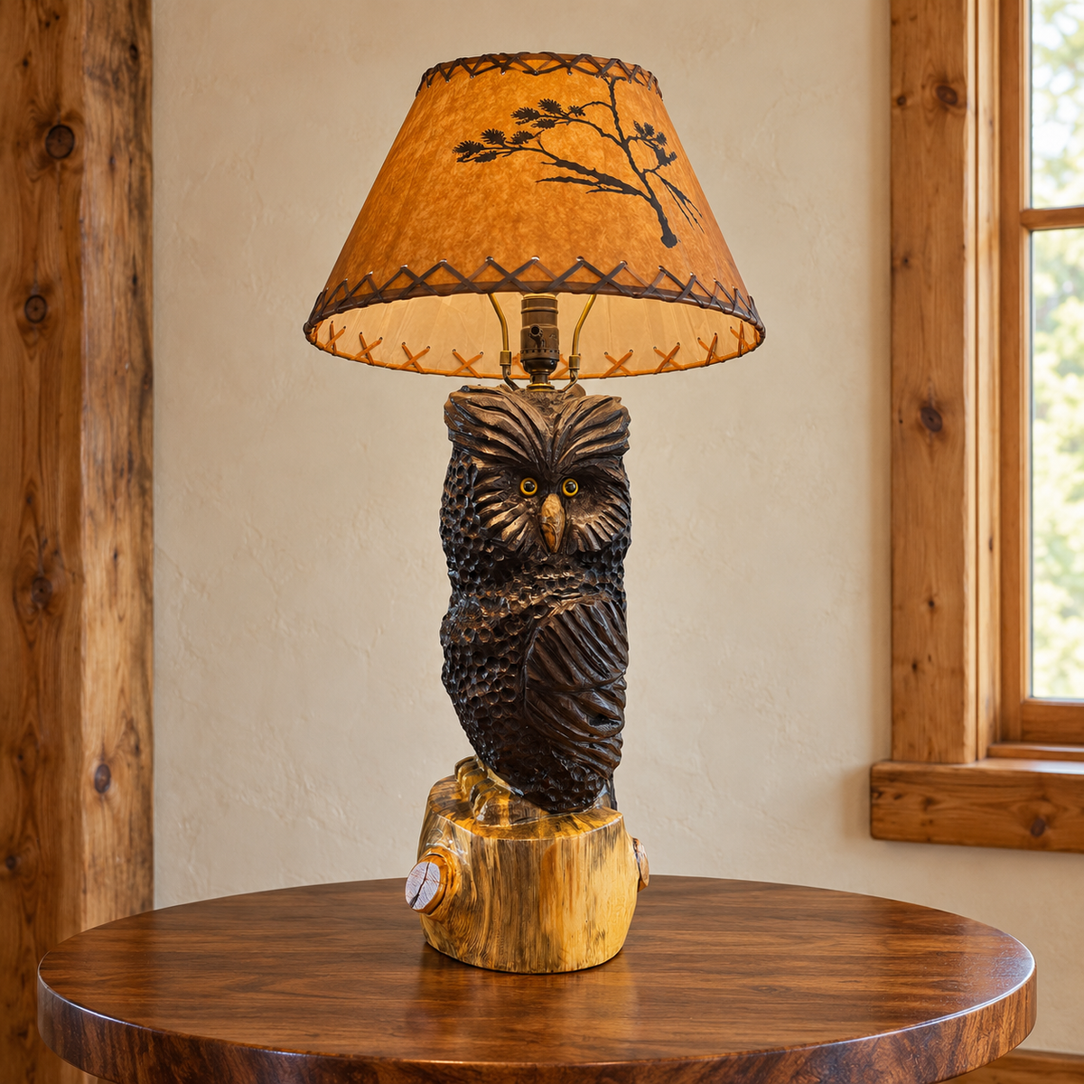 Chainsaw-carved wooden owl table lamp with rustic shade