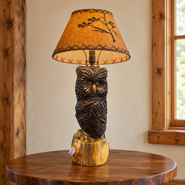 Chainsaw-carved wooden owl table lamp with rustic shade
