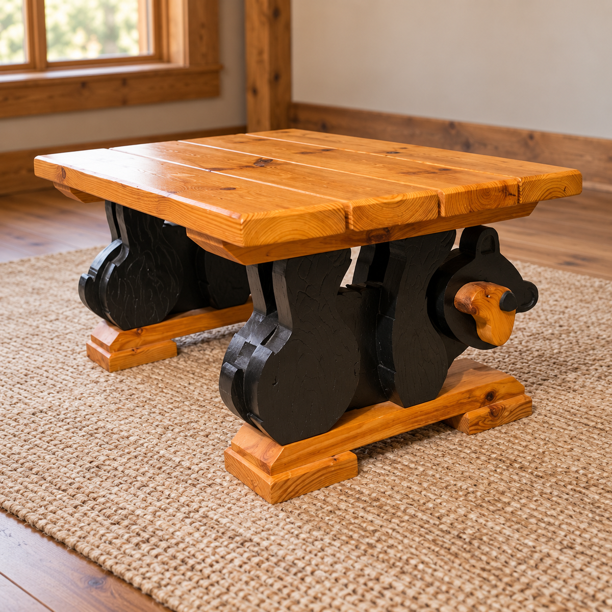 Custom handmade rustic coffee table with a honey-toned plank top, black bear-shaped supports, and a carved wooden bear head.