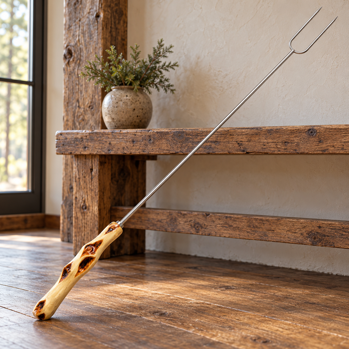 Long 40 to 43 inch two-prong roasting fork with a handcrafted Diamond Willow wood handle in a rustic cabin setting