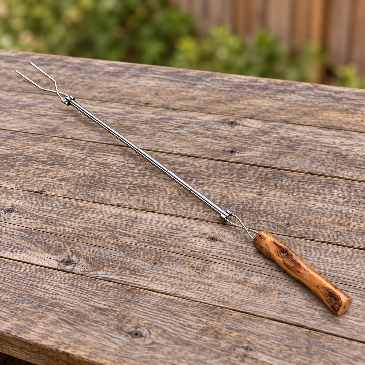 Extendable chrome roasting fork with a handcrafted Diamond Willow handle displayed on a simple weathered outdoor table