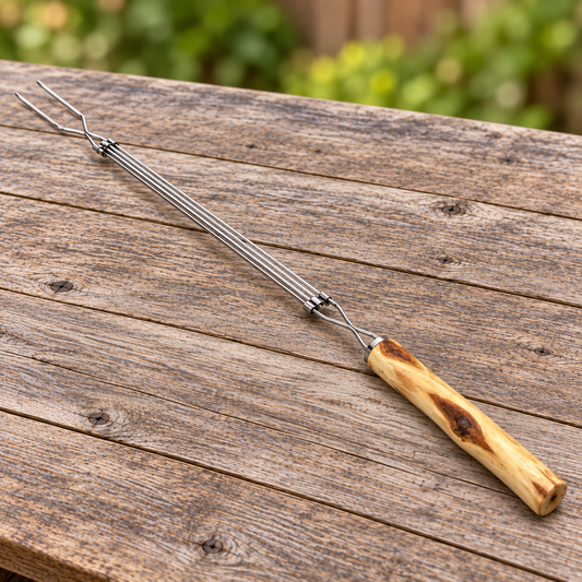 Extendable chrome-plated roasting fork with a handcrafted Diamond Willow handle on a rustic outdoor wood table.