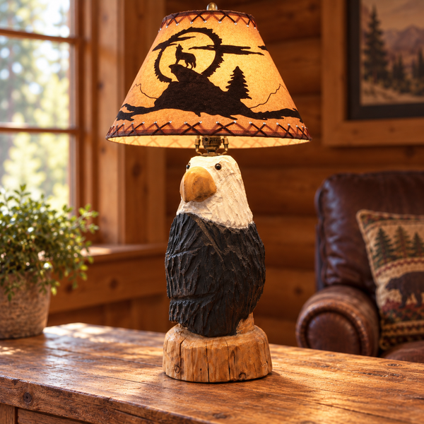 Hand-carved bald eagle table lamp with an illuminated wolf and woodland lampshade
