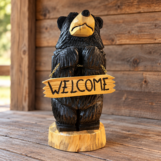 Tall hand-carved welcome bear displayed on a softly lit rustic cabin porch.