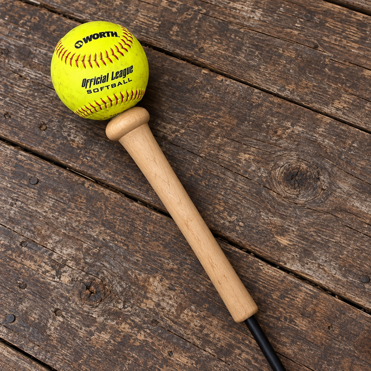 A WORTH Official League Softball paddle, featuring a bright yellow softball with black lettering and red stitching, attached to a light natural wood handle with a black cord, resting on a rustic dark wood plank surface.