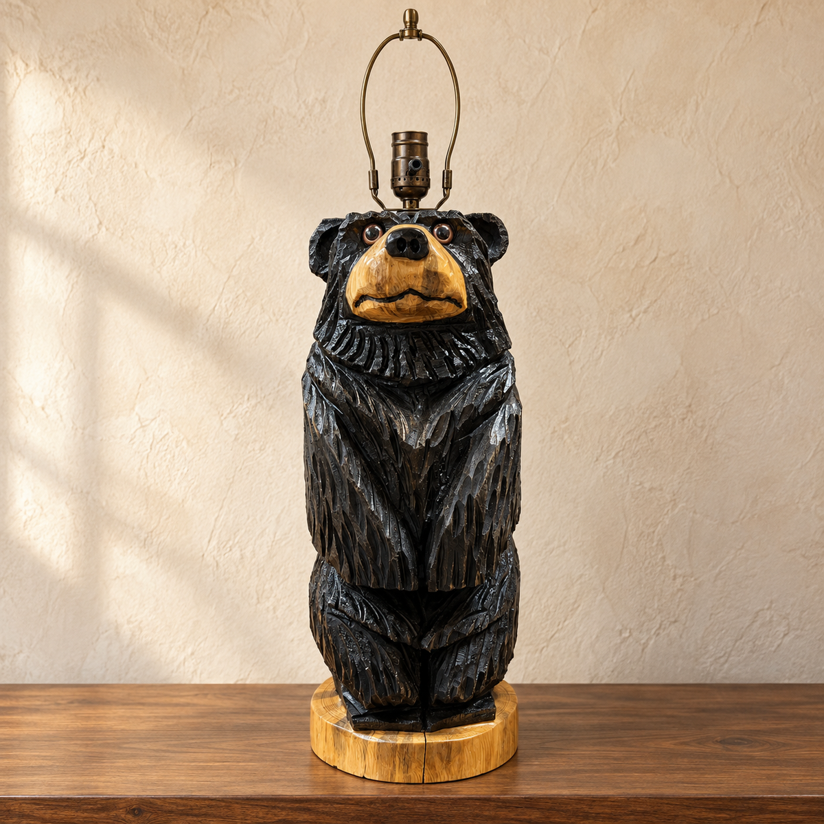 Handmade wooden standing bear table lamp with detailed carved features