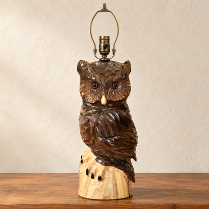 Handmade wooden owl table lamp with detailed feathers