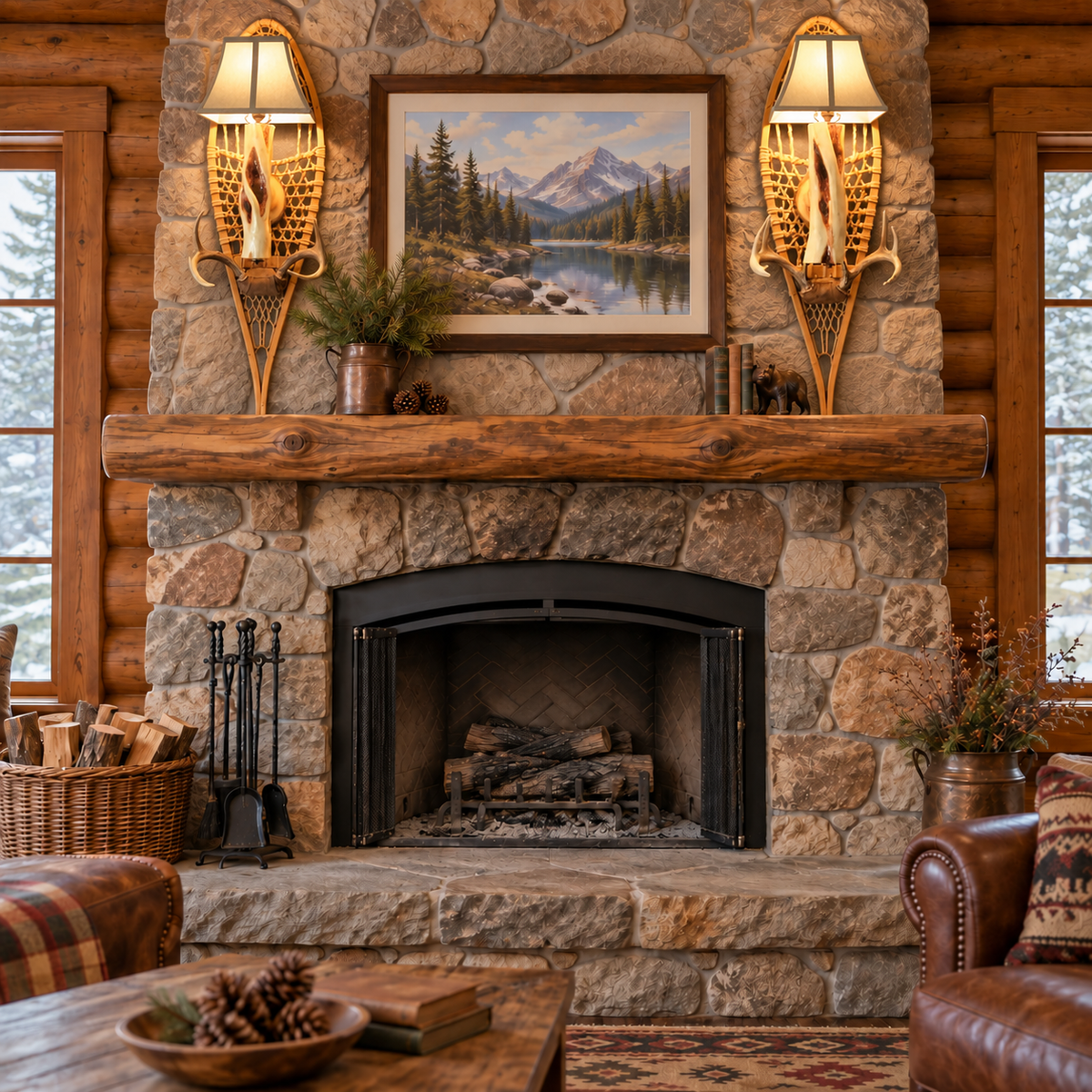 Cozy living room with stone fireplace, wooden mantel, with a pair of snowshoe wall sconces displayed beside a rustic stone fireplace.