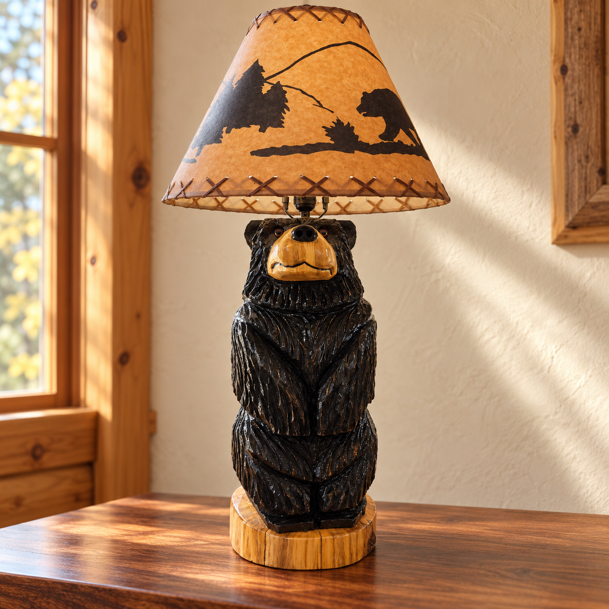Handmade standing bear table lamp displayed with a woodland bear rustic oil kraft lamp shade 