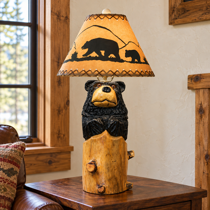 Stump bear table lamp displayed with a rustic oil kraft wildlife shade