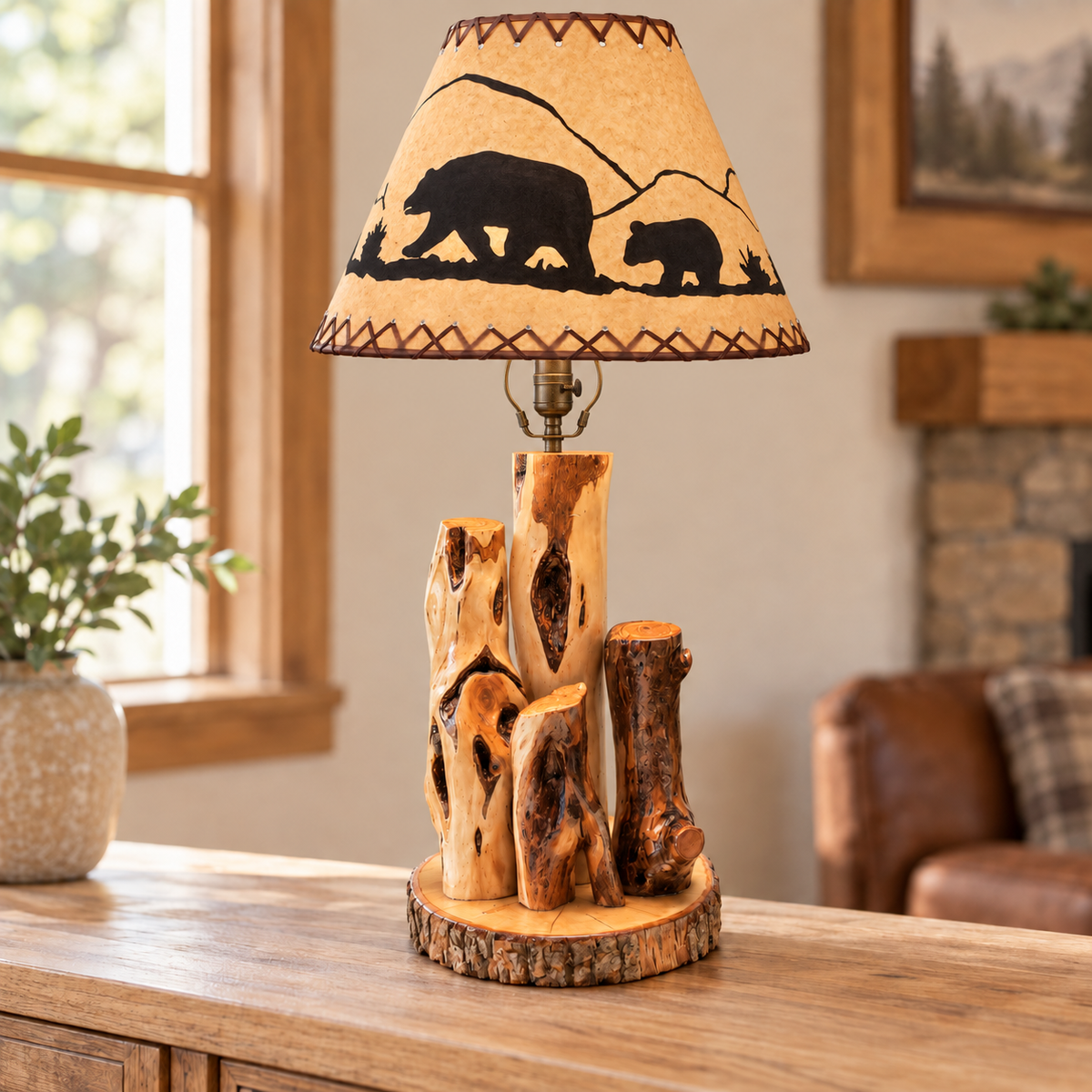 Tiered Diamond Willow table lamp with oil kraft rustic bear shade