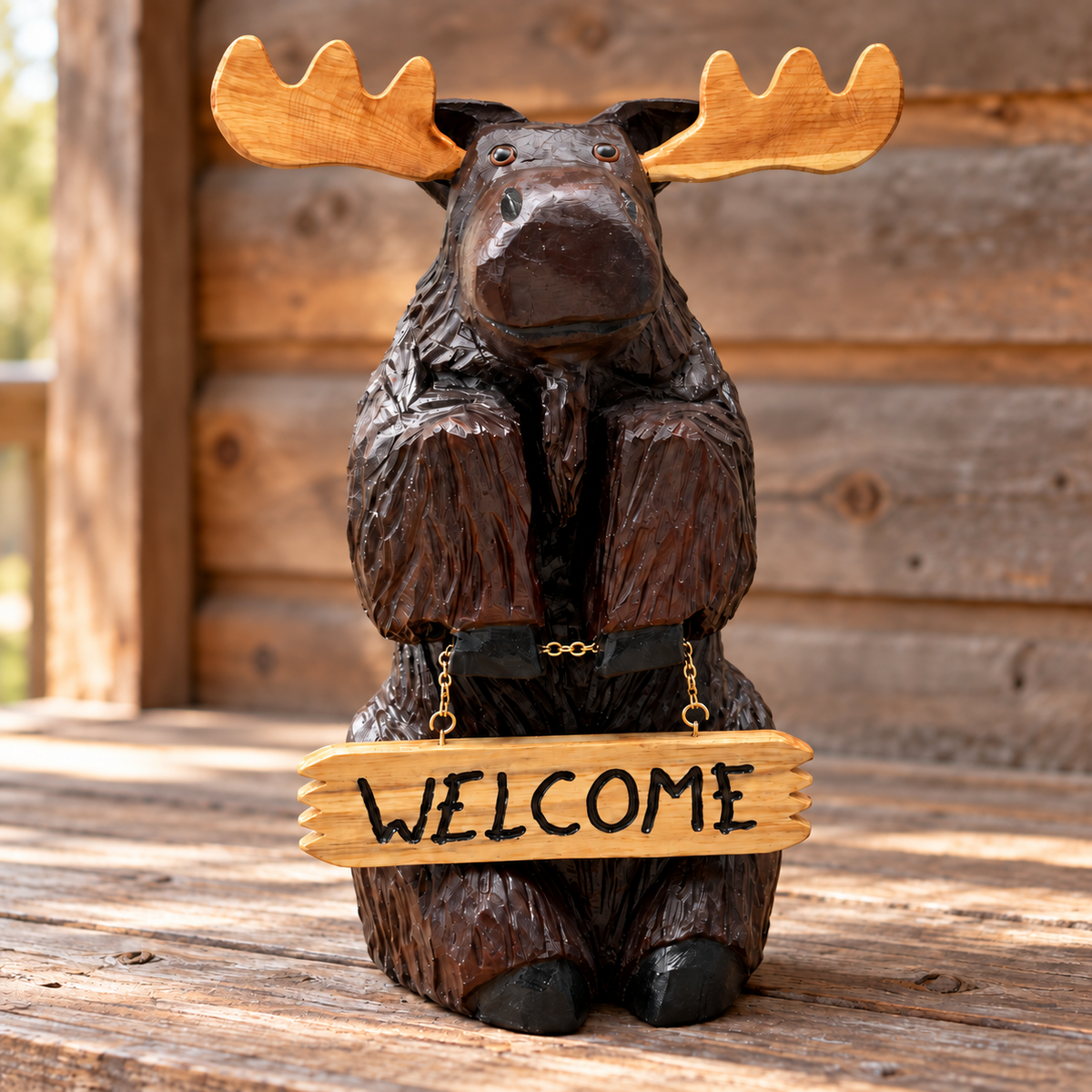 Hand-carved welcome moose displayed on a softly lit rustic cabin porch.